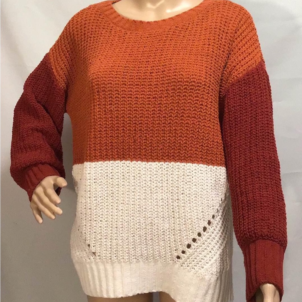 Colorblock Knit Sweater - Orange and White